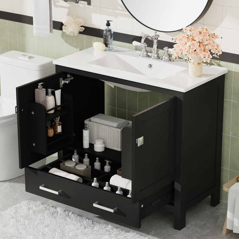 36' Black Bathroom Vanity with Ceramic Sink, Soft-Close Doors, Double Storage Shelves & Divided Drawer – Modern Bathroom Cabinet with Ample Storage