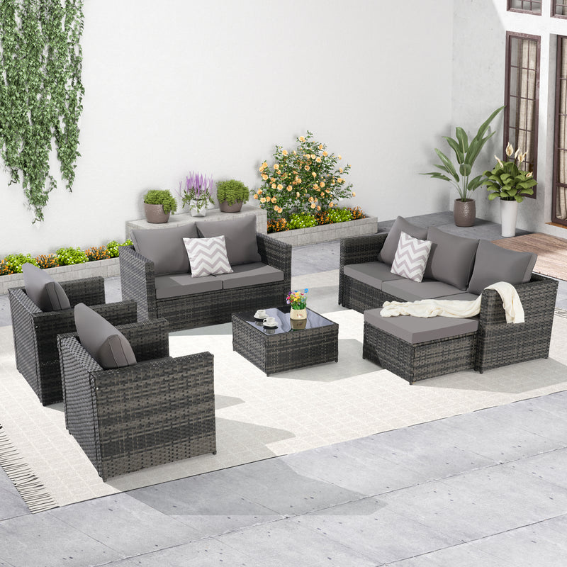 6 Piece Patio Furniture Set,Outdoor Wicker Rattan Sofa Conversation Set All Weather Patio Sectional Sofa Set with Glass Table, Cushions and Pillows for Garden, Backyard