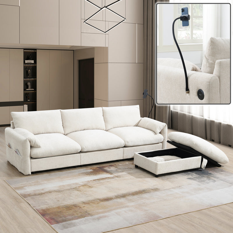 [VIDEO+NEW]96.5'' Chenille Sectional Sofa with Storage Ottoman and Pockets,Adjustable Phone Holder,Wide Seat,4 Seat L Shaped Couch Set,Comfy Sofa with USB Charger for Living Room,Apartment,3 Colors
