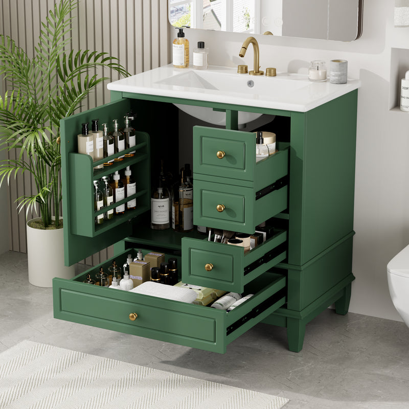 30' Bathroom Vanity with Sink, One Door with Shelf and Three Drawers, Soft Close Door, Green