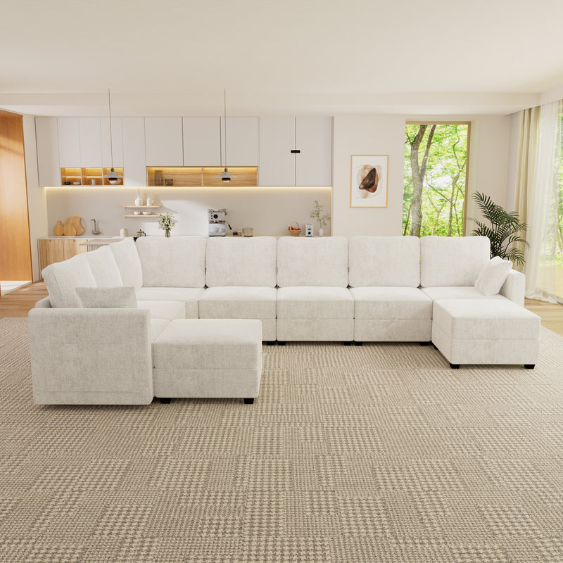 Modular Sectional Sofa Convertible Sofa Couch Set with Storage for Living Room, Modern 7 Seater Modular Sectional Couch with 2 Movable Ottoman (Beige)
