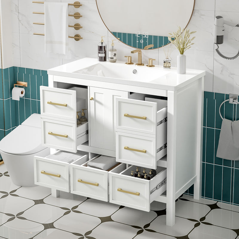 36'' Bathroom Vanity with Resin Sink Combo, Solid Wood Frame Bathroom Storage Cabinet, Freestanding Vanity Set with 5 Drawers& Soft Closing Doors