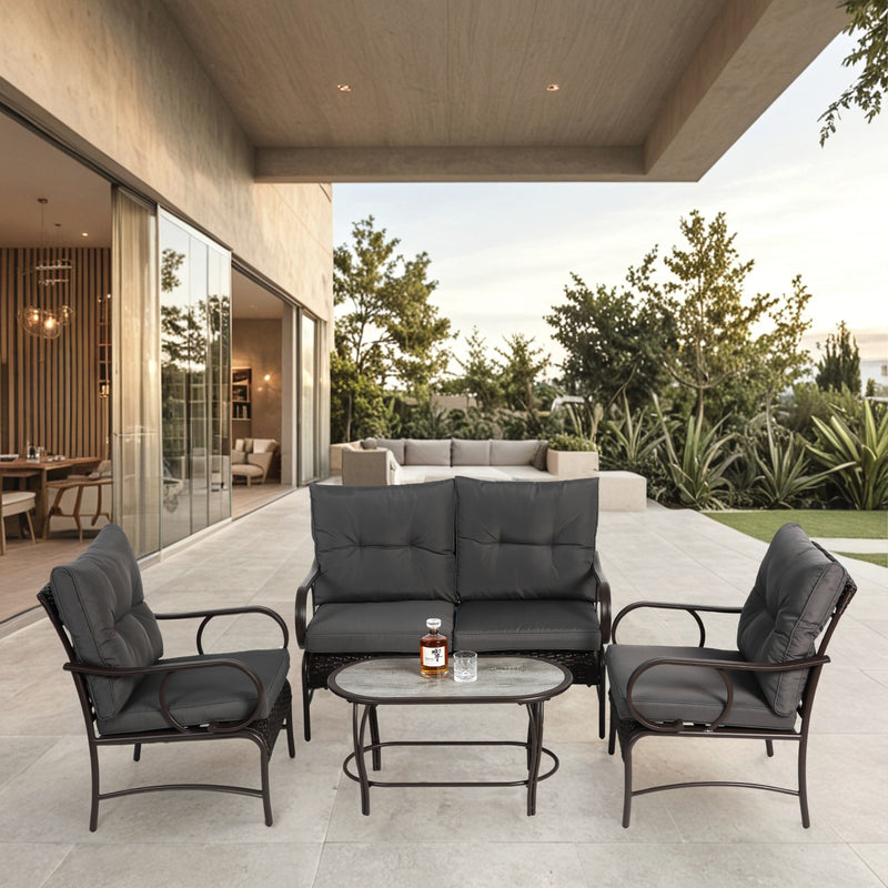 4 Piece Outdoor Patio Furniture Sets, Wicker Conversation Set for Porch Deck,  Rattan Sofa Chair with Cushion-Grey