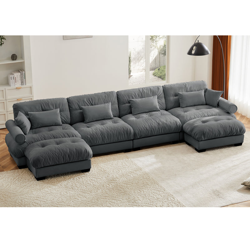 U Shaped Sectional Sofa Cloud Couch with Movable Ottomans,Convertible Deep 4 Seater Modern Velvet Comfy Upholstered Corner Couch with Blostered Armrests, Waist Pillow and Throw Pillows,Grey