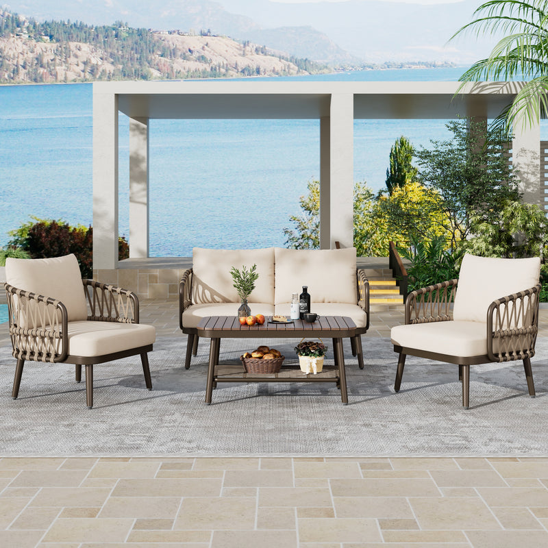 4-Piece Outdoor Patio Furniture Set, Metal  Chairs with Woven Rope U-Shaped Backrest,Outdoor Conversation Set with Thick Cushions and Coffee Table for Garden, Poolside, Balcony, Brown & Beige