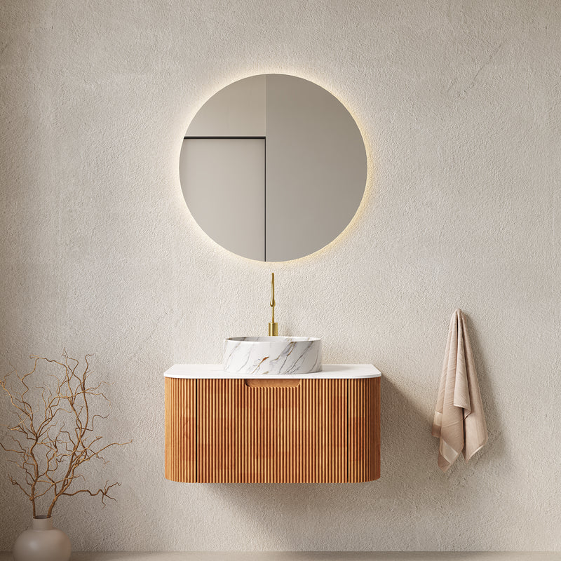 DINA 30' Bathroom Vanity with Sink, Wall-Mounted Floating Curved Edges Striped Bathroom Storage Cabinet with Drawer, White Round Ceramic Basin with Stone Pattern, Pre-assembled, Natura Woodgrain Color