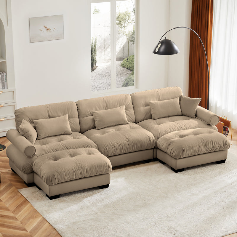U Shape Modular Sectional Sofa Couch with Two Movable Ottomans, Modern 3 Seat Corner Sofa With Waist Pillows, Throw Pillows and Blostered Armrests, Convertible L Shaped Couch for Living Room,Camel