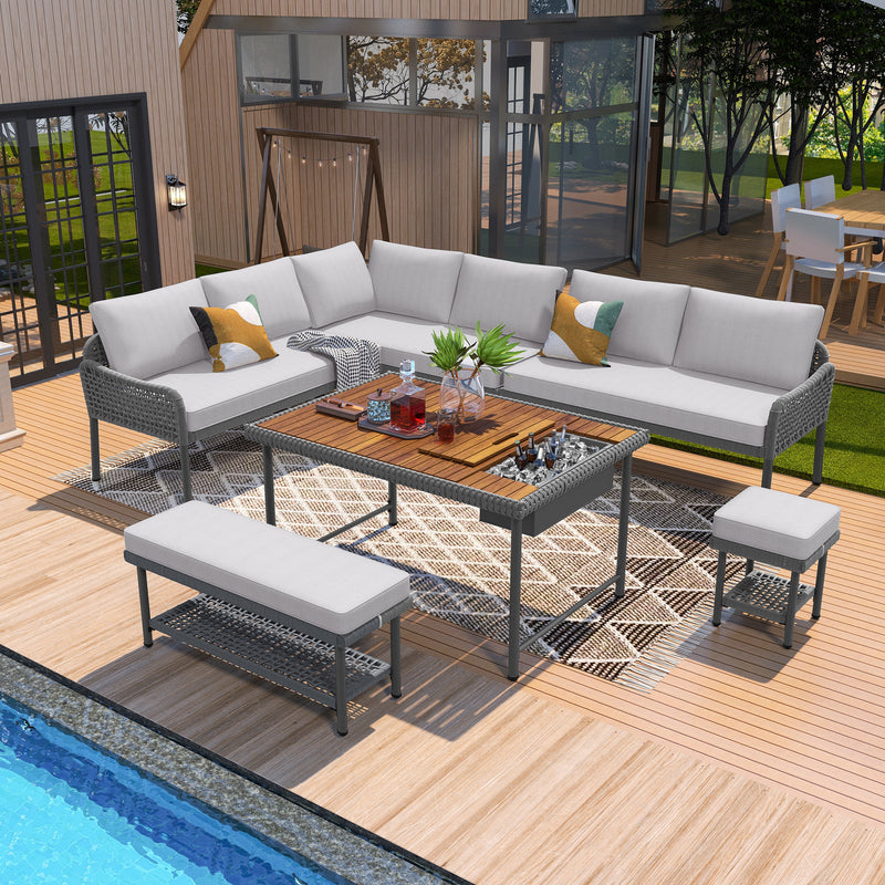 K&K 6-Piece Rope Patio Furniture L-Shaped Set, Outdoor Sectional Sofa Set with Acacia Wood Table with Ice Box, Rope Benches, Rope Conversation Set with Deep Seating & Thick Cushion for Couch,Grey