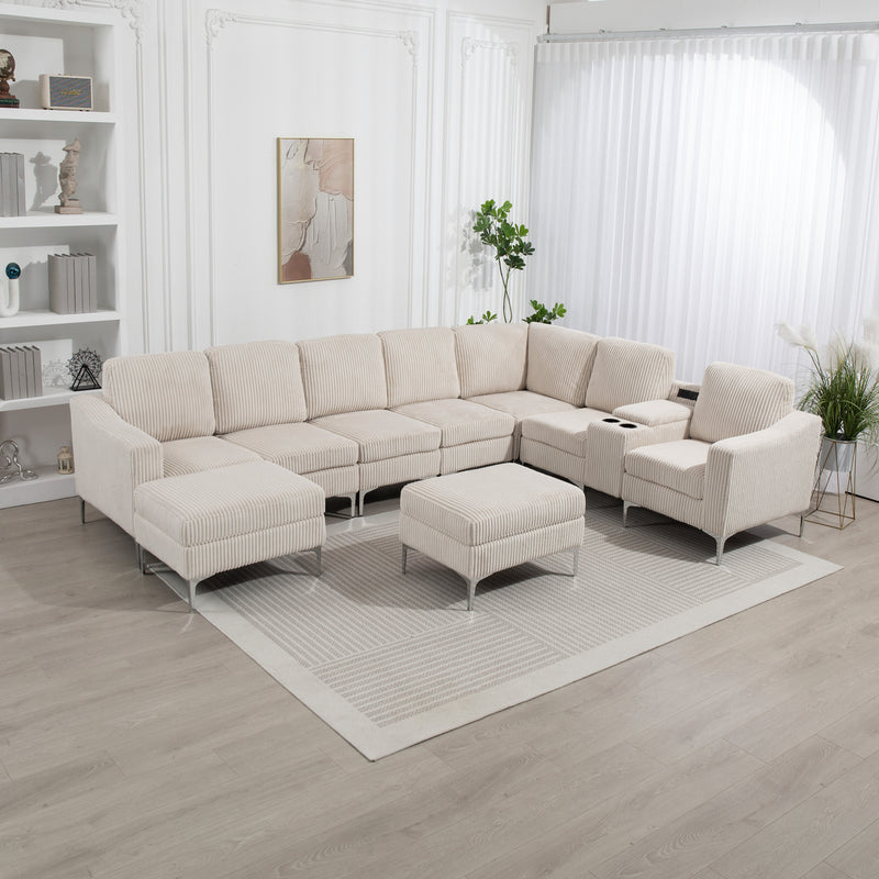Convertible Sectional Corduroy  Sofa with Storage Ottoman,Cupholders, USB Ports for Living Room Apartment,Beige