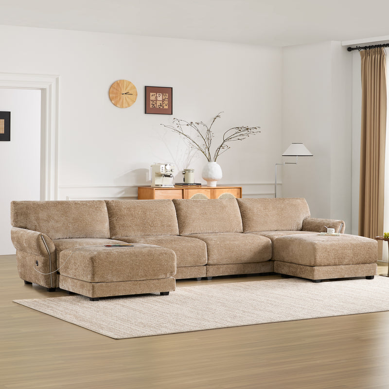 [VIDEO]142' Modular Sectional Sofa, U-Shape with Extra-Wide Seat Cushion, USB and Type-C Charger, Petal Armrest Design, High Density Foam, Free Movement Ottoman, Wood Frame, Chenille, 6 Seat, 3 Colors