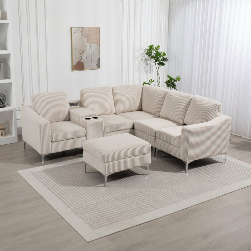 Upholstered Convertible Modular Corner Sectional Corduroy L-Shaped Sofa with Storage Ottoman,Cup Holders, USB Ports Chaise for Living Room Apartment, Beige