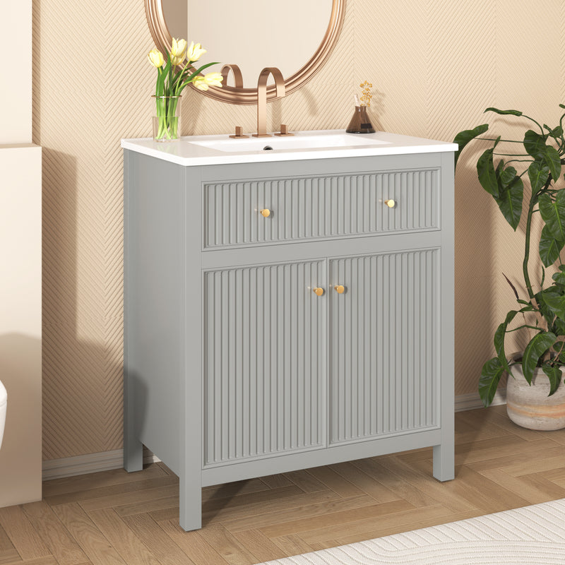 30'' Bathroom Vanity with Ceramic Sink, Free Standing Single Vanity Set with Soft Closing Doors, Modern Style, Grey