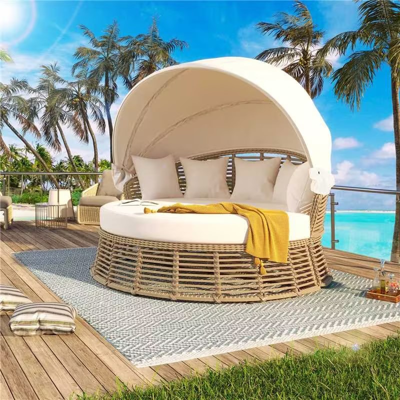 GO Outdoor Patio Rattan Round Daybed with Retractable Canopy, Wicker Furniture Round Poolside Sofa Sunbed with Removable Cushions, Backyard, Porch, Beige