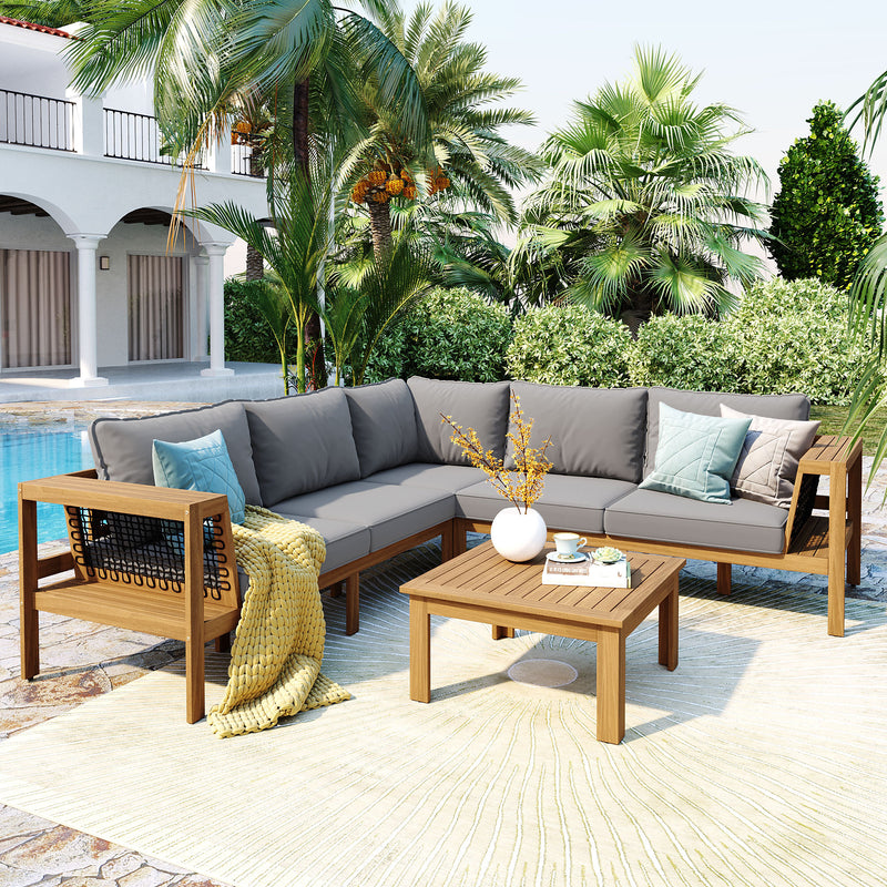 GO 4 Pieces Outdoor Acacia Wood Sofa Set, Woven Mesh Armrests, L-Shaped Patio Furniture Sofa Set with Coffee Table, Outdoor Conversation Set with Gray Cushions and Side Table