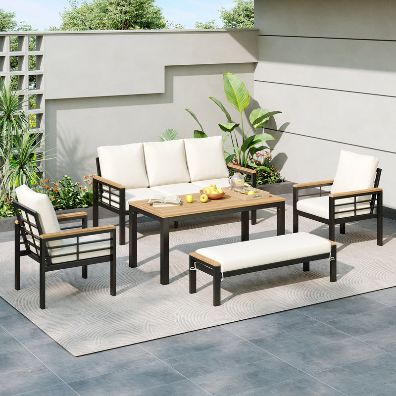 TREXM Patio Furniture Set, 5 Pieces Outdoor Furniture Set with 3-Seat Sofa, Patio Conversation Sets with Cushions for Backyard, Poolside, Garden (Black + Beige Cushion)