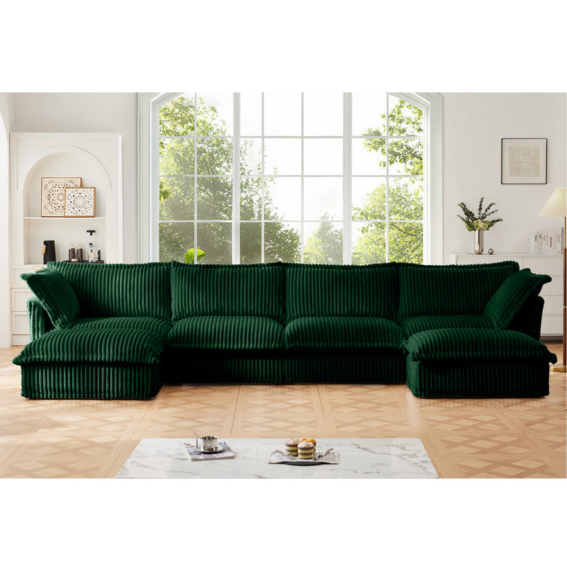 Slipcovered U Shape Sectional Wide and Deep Seat Sofa Couch, 4 Seater Sofa with French Edges Design Multiple Big Pillows, Soft Deep Seat Comfy Cloud Couch for Living Room, Apartment, Green Corduroy