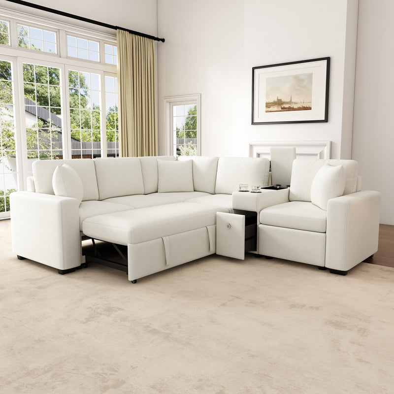 120.5' L-shaped Convertible Sofa Bed Modular Sectional Sofa Reversible Sleeper with Pull-Out Bed, Cup Holders, and Ample Storage Space for Living Room, White