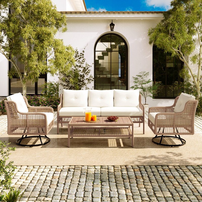GO 4 Pieces Patio Furniture Set with Swivel Chairs, Outdoor Wicker Sofas for 5-person, Sectional Rattan Outdoor Conversation Set for Poolside Backyard Deck, Beige