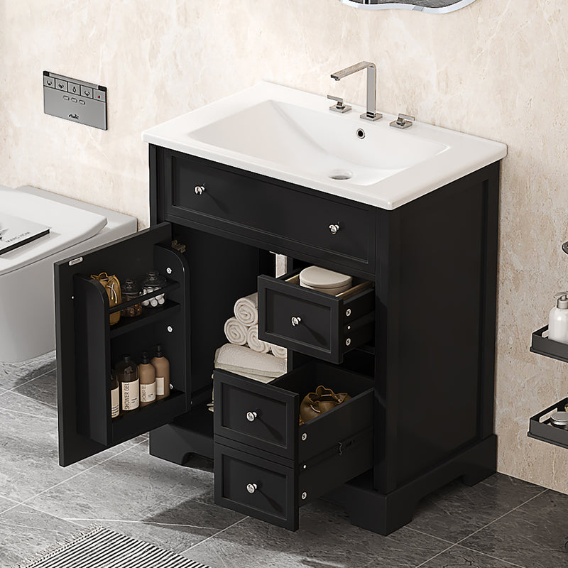 30' Bathroom Vanity with Sink Top, Bathroom Vanity Cabinet with Door and Two Drawers, MDF Boards, Solid Wood, One Package, Black (WF317773AAK New Color)