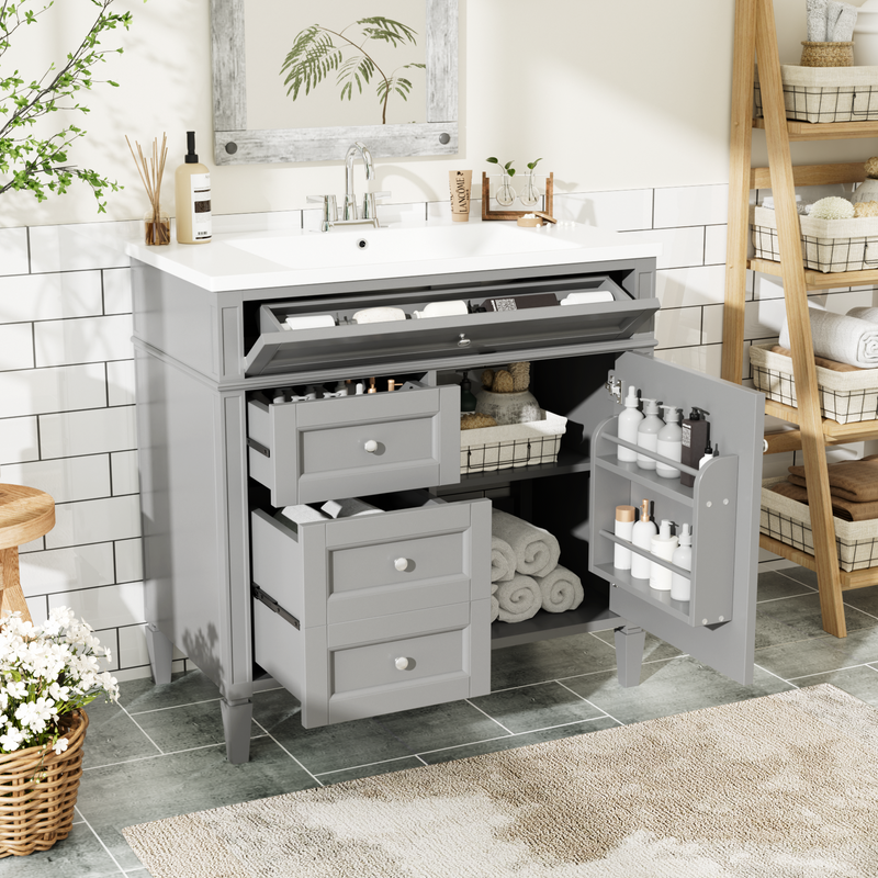 36'' Bathroom Vanity with Top Sink, Modern Bathroom Storage Cabinet with 2 Drawers and a Tip-out Drawer, Single Sink Bathroom Vanity