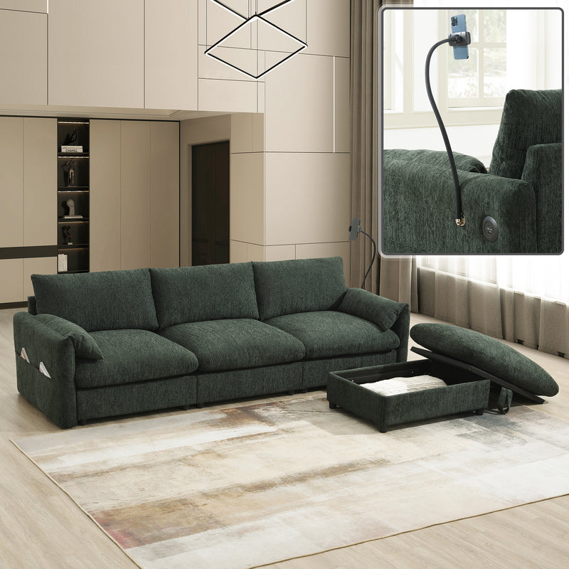[VIDEO+NEW]96.5'' Chenille Sectional Sofa with Storage Ottoman and Pockets,Adjustable Phone Holder,Wide Seat,4 Seat L Shaped Couch Set,Comfy Sofa with USB Charger for Living Room,Apartment,3 Colors