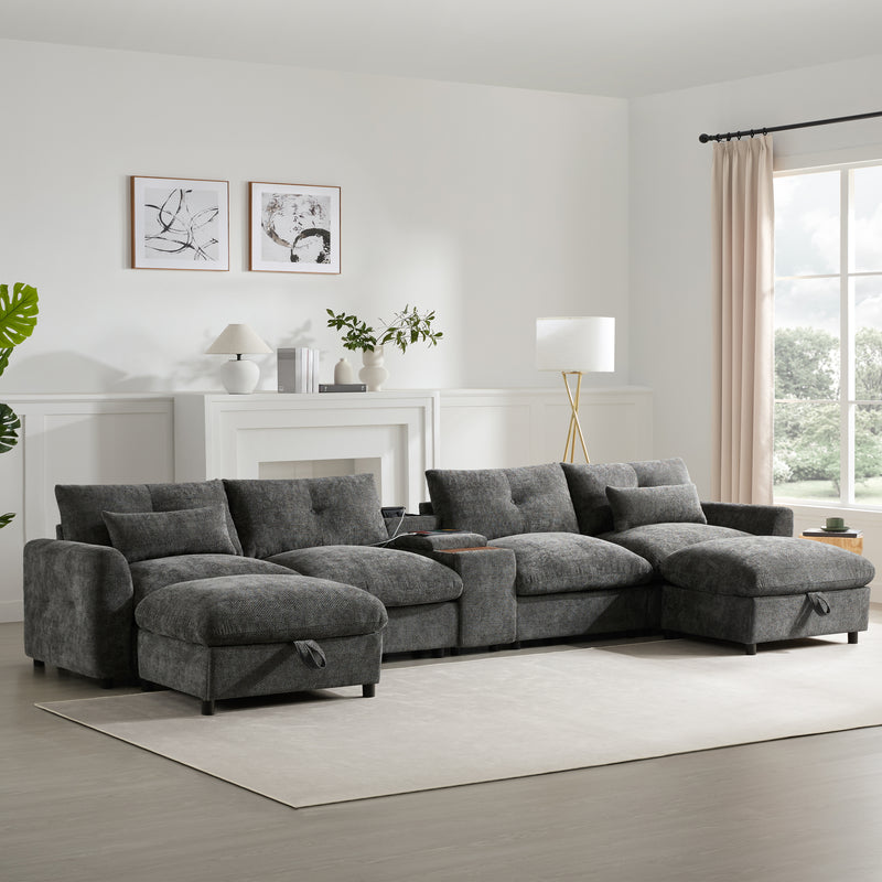 [VIDEO+NEW]142'' Modular Sectional Sofa with Movable Storage Ottoman and Console,Cup Holder,Wide Seat,6 Seat U Shaped Couch,Oversized Chenille Sofa with USB Charger for Living Room,Apartment,2 Colors