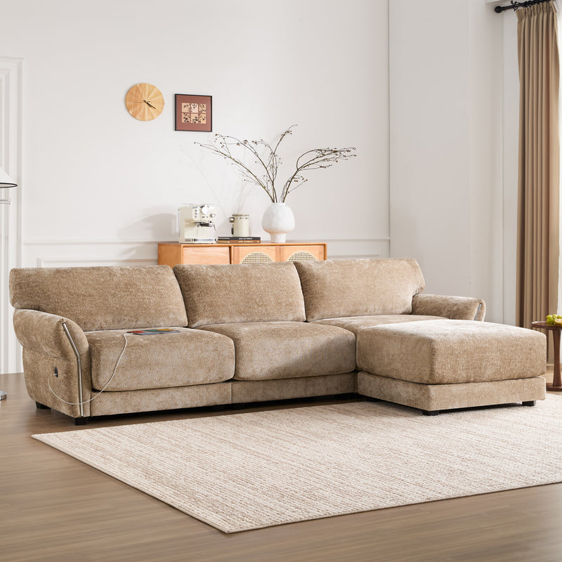 [VIDEO]110' Modular Sectional Sofa, L-Shape with Extra-Wide Seat Cushion, USB and Type-C Charger, Petal Armrest Design, High Density Foam, Free Movement Ottoman, Wood Frame, Chenille, 4 Seat, 3 Colors