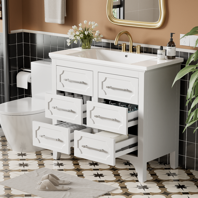 36'' Bathroom Vanity with Resin Sink Combo, Free Standing Single Vanity Set with Four Drawers, Solid Wood Frame Bathroom Storage Cabinet ( Same as SW000128AAK)