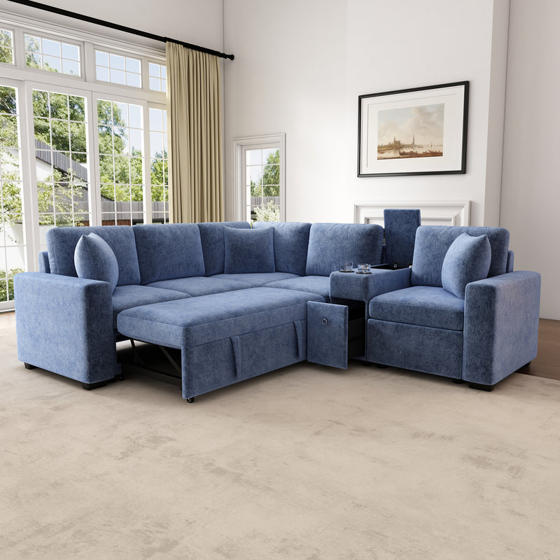 120.5' L-shaped Convertible Sofa Bed Modular Sectional Sofa Reversible Sleeper with Pull-Out Bed, Cup Holders, and Ample Storage Space for Living Room, Blue