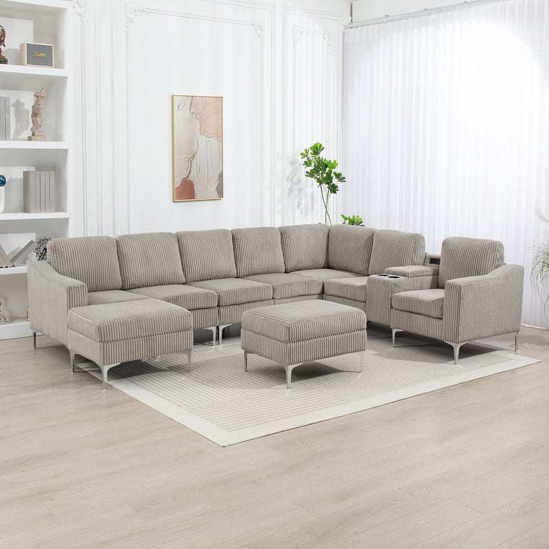 Convertible Sectional Corduroy  Sofa with Storage Ottoman,Cupholders, USB Ports for Living Room Apartment,Gray