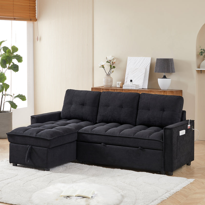 MH 78.75' Reclining Sofa, Pull-Out Sofa Bed with USB and tape-c charging ports, L-Shaped Sectional Sofa with Reclining Storage and Arm Side Organizer Pocket Features, Living Room Comfort Sofa