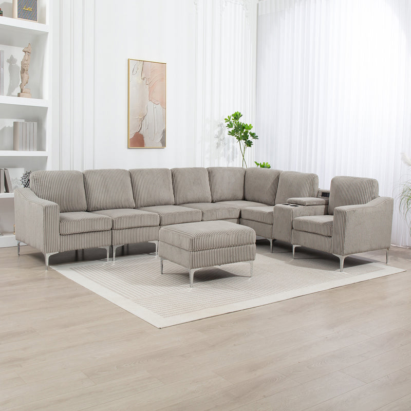 Convertible Sectional Corduroy  Sofa with Storage Ottoman,Cupholders, USB Ports for Living Room Apartment,Gray