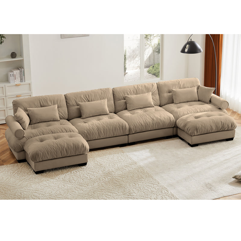 U Shaped Sectional Sofa Cloud Couch with Movable Ottomans,Convertible Deep 4 Seater Modern Velvet Comfy Upholstered Corner Couch with Blostered Armrests, Waist Pillow and Throw Pillows,Camel