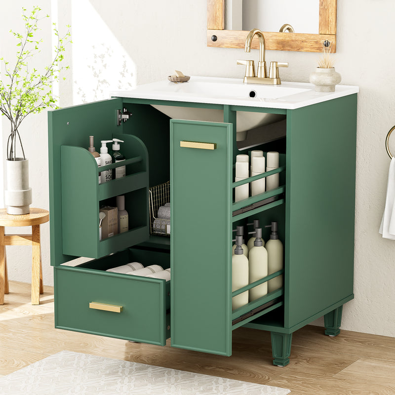 24' Bathroom Vanity with Sink, Bathroom Cabinet with Door Shelf, Deep Drawer, 2-Tier Pull-Out Basket, Solid Wood Frame and MDF Board, One Package, Green