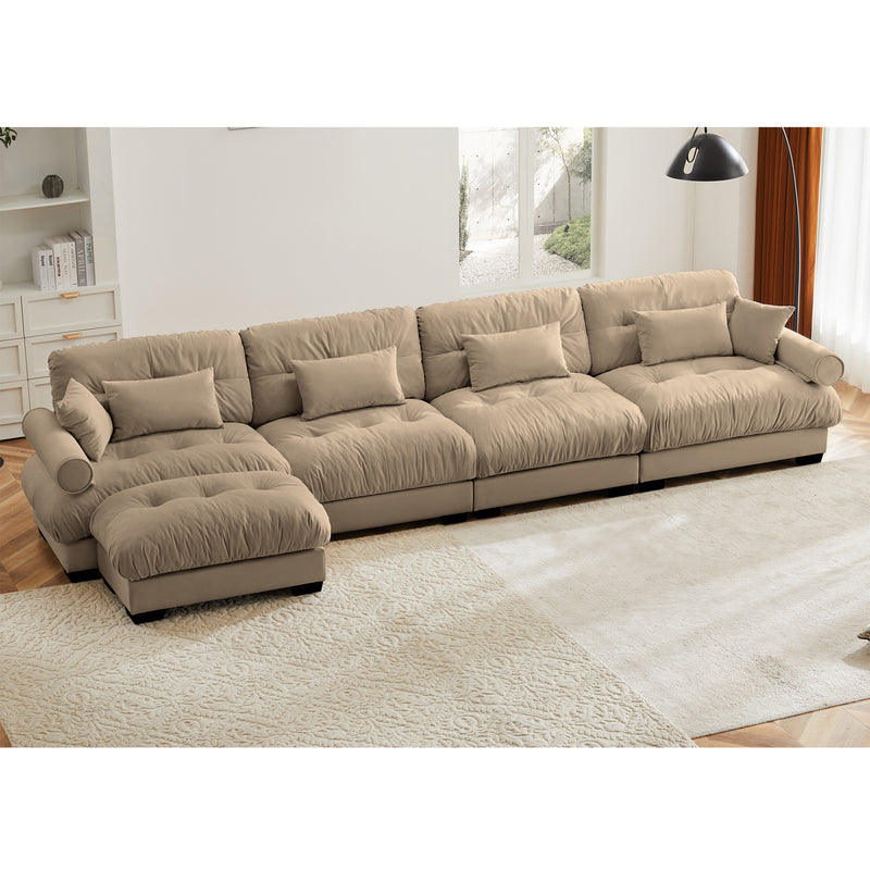 L Shaped Sectional Cloud Sofa , Convertible Deep 4 Seater Modular Couch for Living Room,Modern Velvet Comfy Upholstered Corner Couch  Waist Pillows, Throw Pillows and Blostered Armrests,Camel