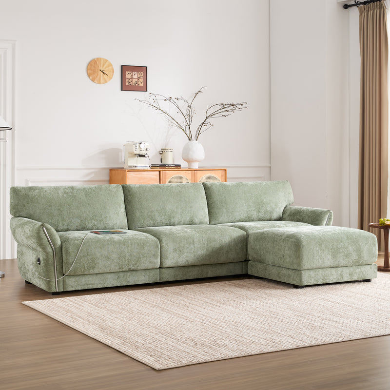 [VIDEO]110' Modular Sectional Sofa, L-Shape with Extra-Wide Seat Cushion, USB and Type-C Charger, Petal Armrest Design, High Density Foam, Free Movement Ottoman, Wood Frame, Chenille, 4 Seat, 3 Colors
